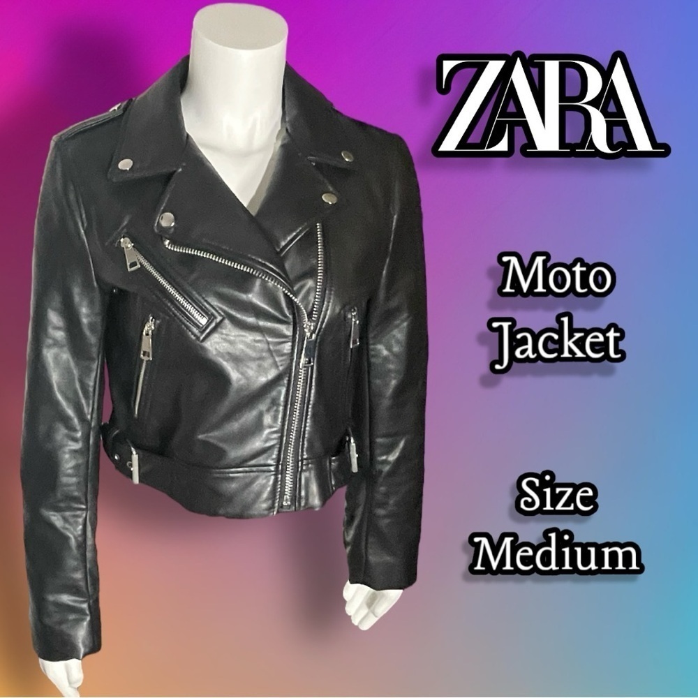 Zara Women's Black Cropped Moto Jacket Size Medium Faux Leather